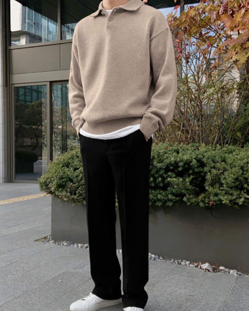 Maglione in Lana con Mezza Zip e Bottoni