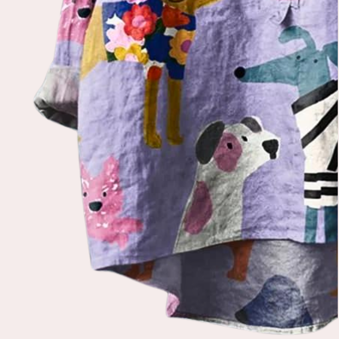 Camicia da donna viola in cotone con stampa giocosa di cani