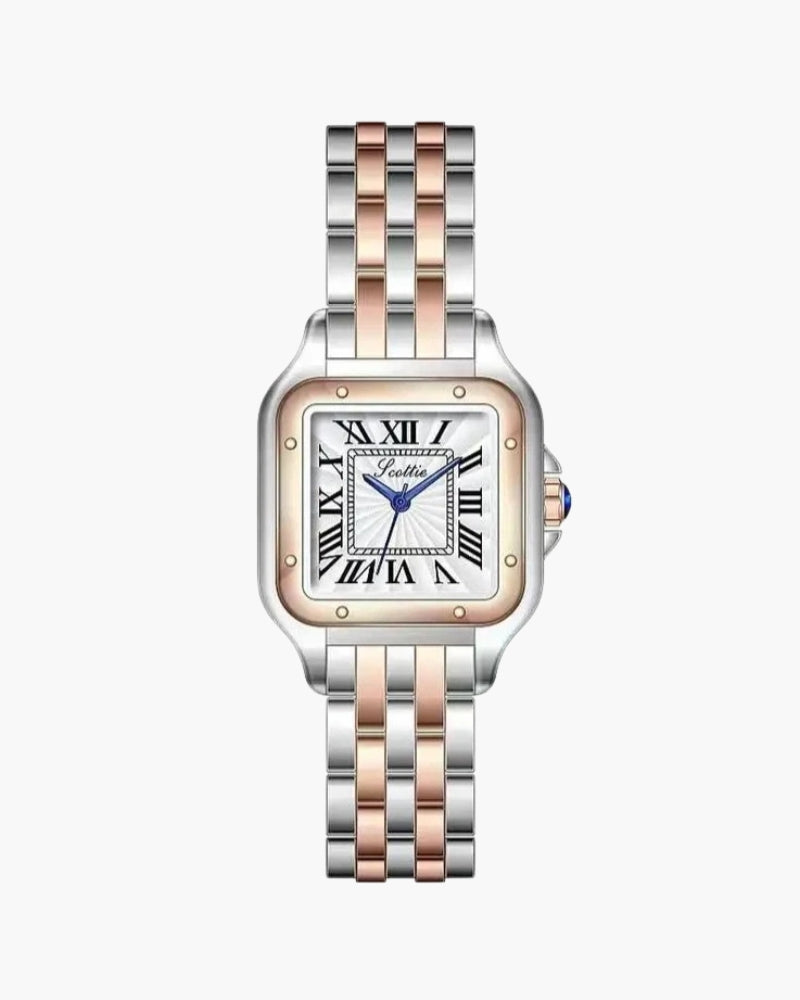orologio acciaio inox, orologio bicolore, orologio elegante, orologio numeri romani, orologio quadrante quadrato, orologio oro rosa, orologio resistente all'acqua, orologio stile raffinato, orologio moderno, orologio fashion, orologio analogico, orologio cinturino lucente, orologio design classico, orologio versatile, orologio da polso chic, orologio di alta qualità, orologio robusto