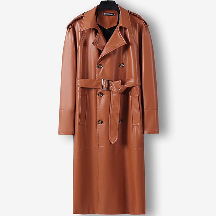Cappotto trench lungo doppio petto in finta pelle da uomo con cintura