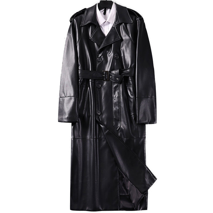 Cappotto trench lungo doppio petto in finta pelle da uomo con cintura
