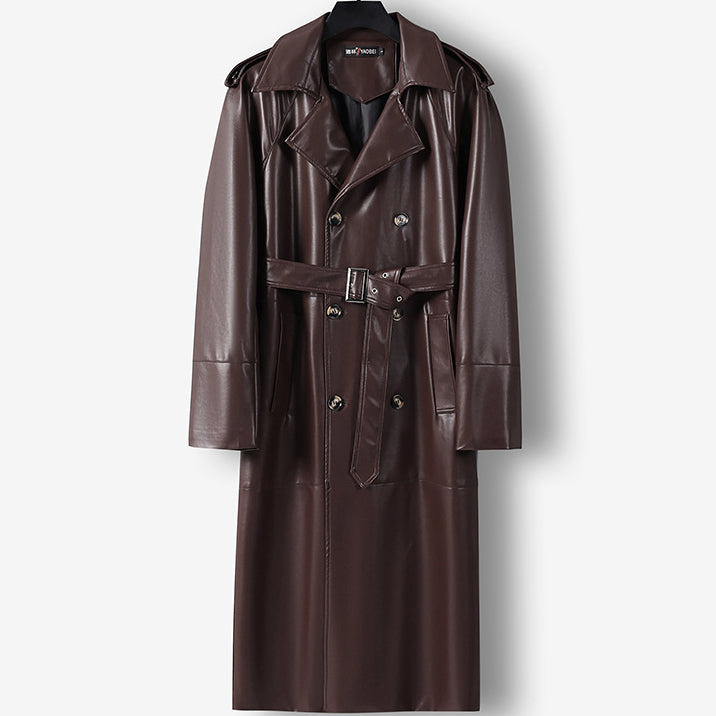 Cappotto trench lungo doppio petto in finta pelle da uomo con cintura