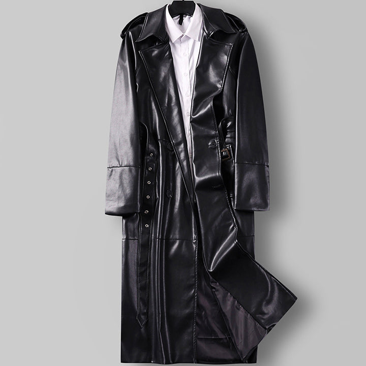 Cappotto trench lungo doppio petto in finta pelle da uomo con cintura
