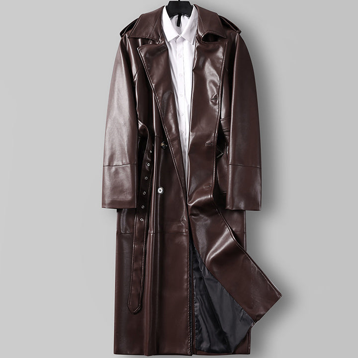 Cappotto trench lungo doppio petto in finta pelle da uomo con cintura