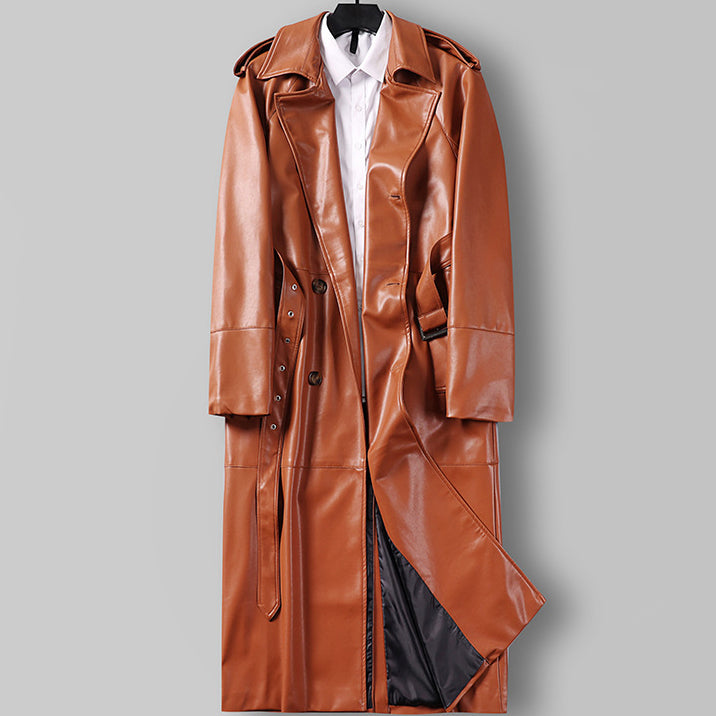Cappotto trench lungo doppio petto in finta pelle da uomo con cintura
