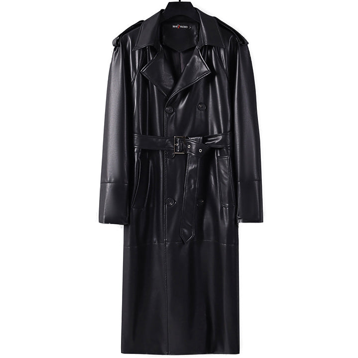 Cappotto trench lungo doppio petto in finta pelle da uomo con cintura