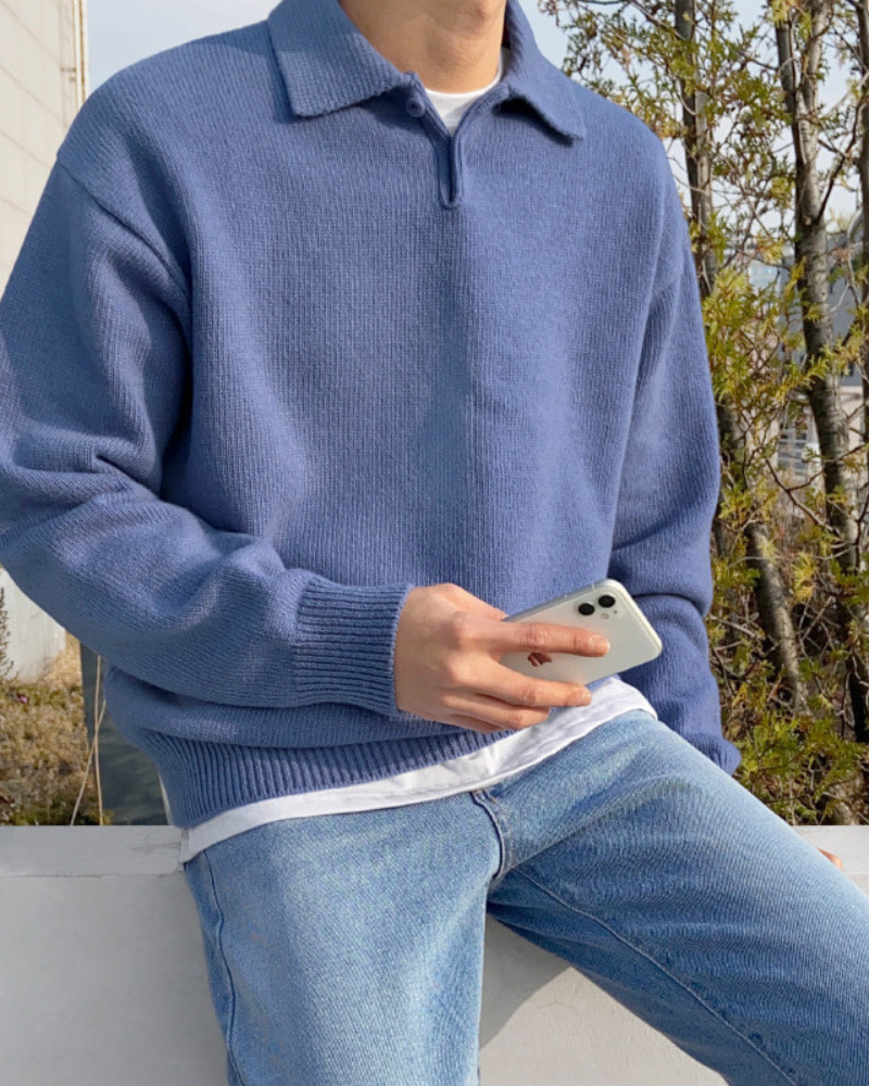 Maglione in Lana con Mezza Zip e Bottoni