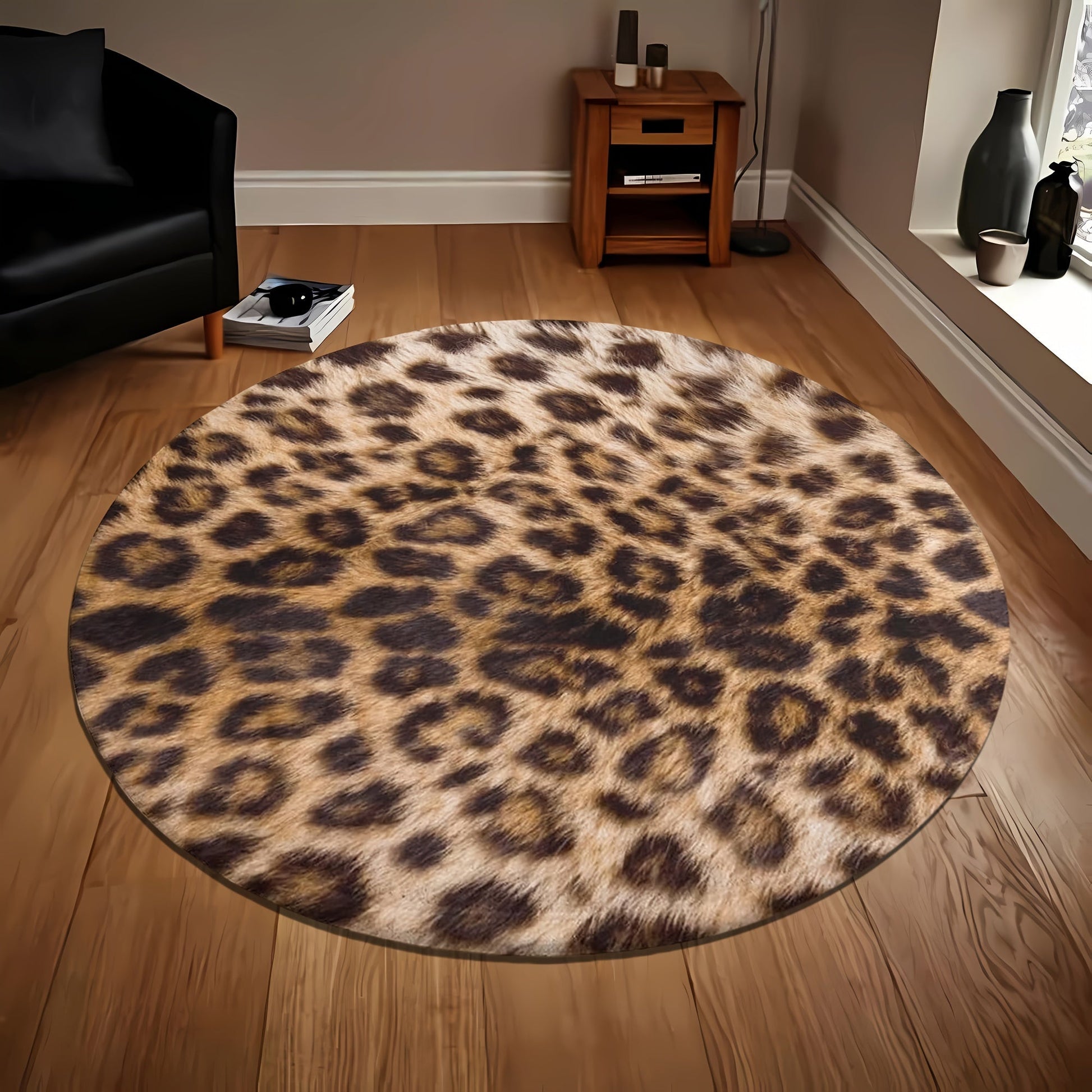 Un tapis léopard rond pour décoration exotique dans un salon moderne