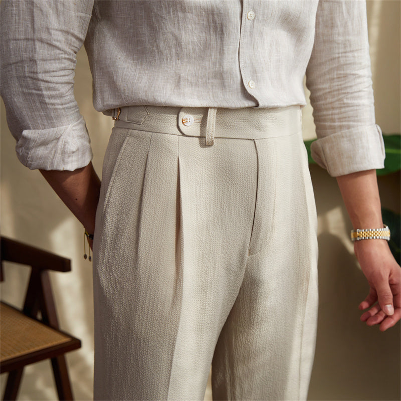 Pantaloni Uomo a Vita Alta in Tessuto Bubble Yarn – Eleganza e Traspirabilità