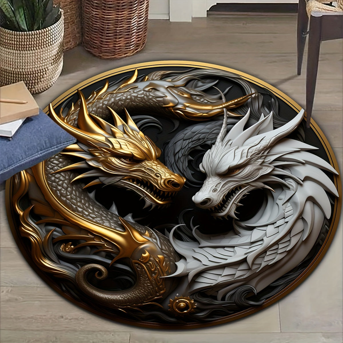 ZenDrachen® Tapis Rond Antidérapant Mystique avec Motif de Dragon