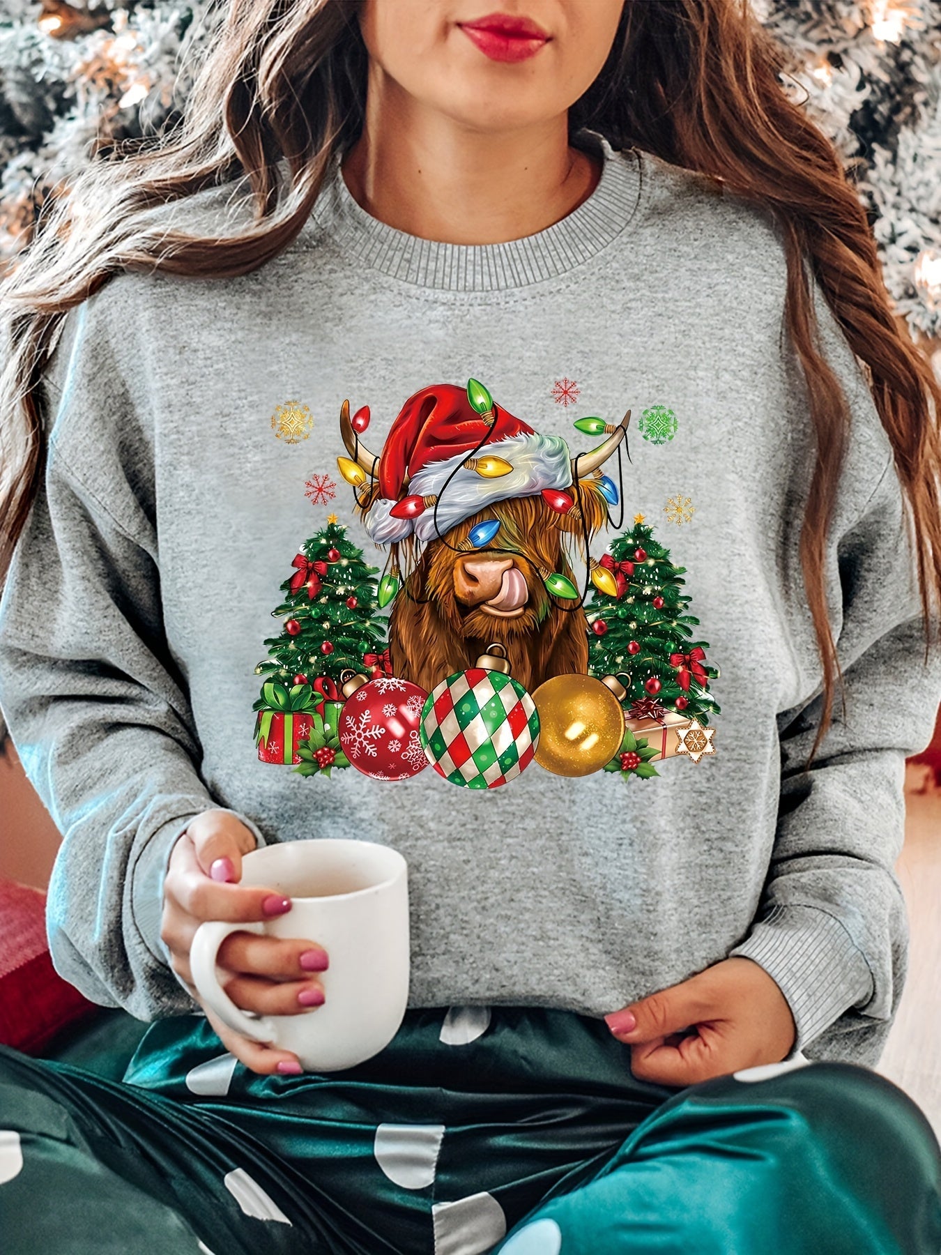 Sweatshirt de Noël Confortable Naya® avec Motif Vache Highland pour Femmes