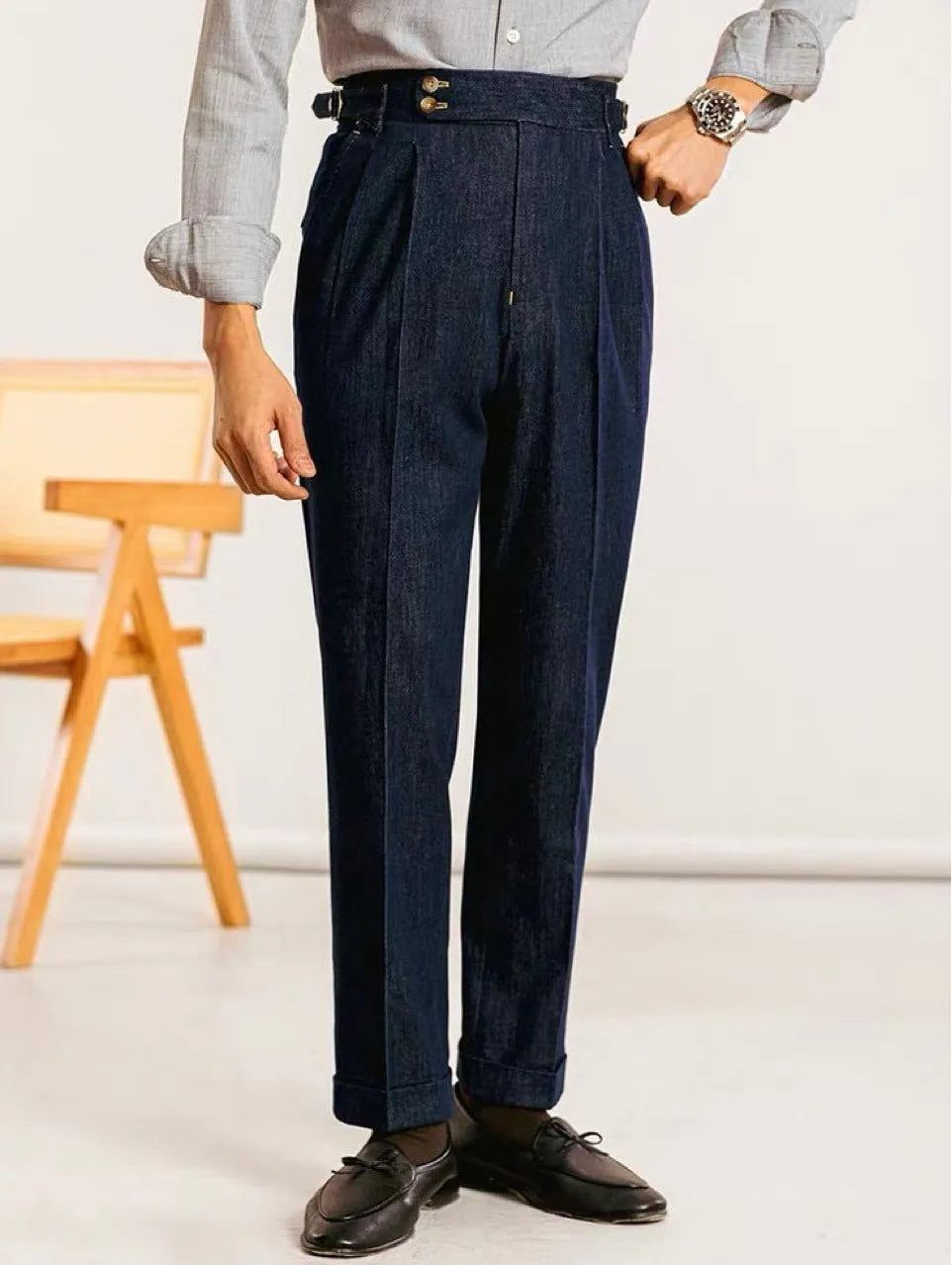 Jeans Uomo in Cotone con Pieghe Doppie