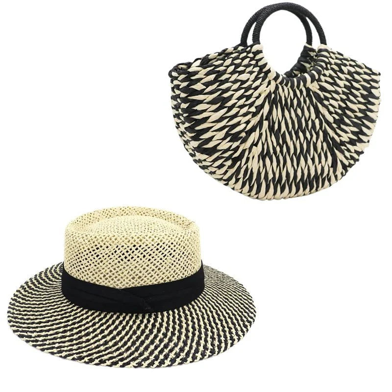 cappello di paglia donna, borsa di paglia, cappello estivo donna, borsa estiva donna, accessori moda estate, cappello elegante donna, borsa mare donna. Nell'immagine si vedono una donna con cappello di paglia elegante indossato e una borsa di paglia estiva tra le mani, tipici accessori moda estate per il mare. Il look femminile mostra uno stile raffinato ideale per giornate soleggiate o vacanze in spiaggia.