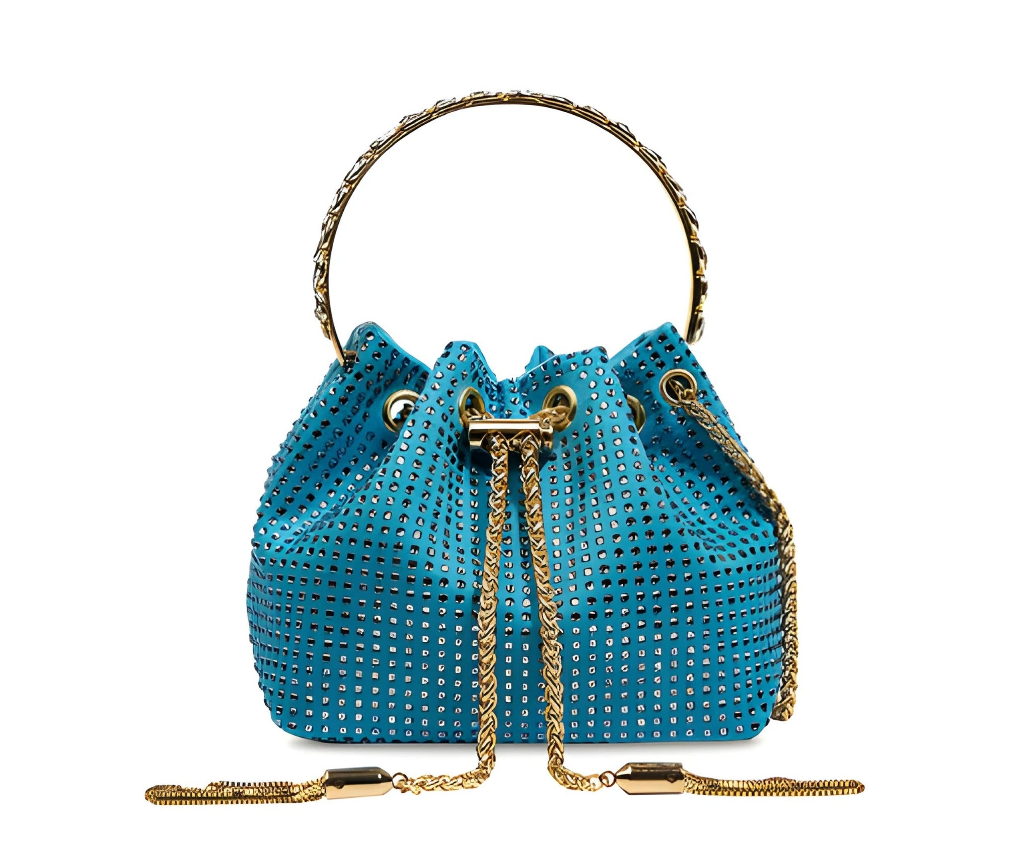 Borsetta da sera con cristalli e cinturino a catena dorata