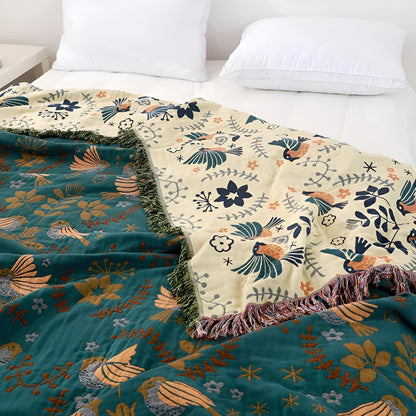 LaraLux® Couverture Réversible en Coton avec Motif Oiseau & Fleurs – Boho-Chic pour Votre Maison