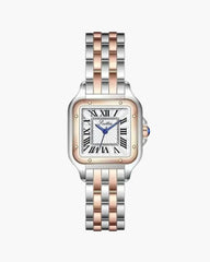 orologio acciaio inox, orologio bicolore, orologio elegante, orologio numeri romani, orologio quadrante quadrato, orologio oro rosa, orologio resistente all'acqua, orologio stile raffinato, orologio moderno, orologio fashion, orologio analogico, orologio cinturino lucente, orologio design classico, orologio versatile, orologio da polso chic, orologio di alta qualità, orologio robusto