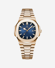 orologio di lusso, orologio placcato oro, orologio da polso uomo, orologio con quadrante blu, orologio elegante uomo, orologio automatico, orologio acciaio oro, orologio con data, orologio resistente all'acqua, orologio classico uomo