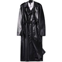 Cappotto trench lungo doppio petto in finta pelle da uomo con cintura