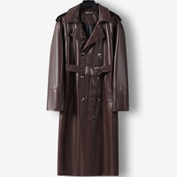 Cappotto trench lungo doppio petto in finta pelle da uomo con cintura