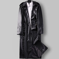 Cappotto trench lungo doppio petto in finta pelle da uomo con cintura