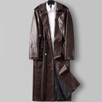 Cappotto trench lungo doppio petto in finta pelle da uomo con cintura