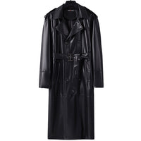 Cappotto trench lungo doppio petto in finta pelle da uomo con cintura