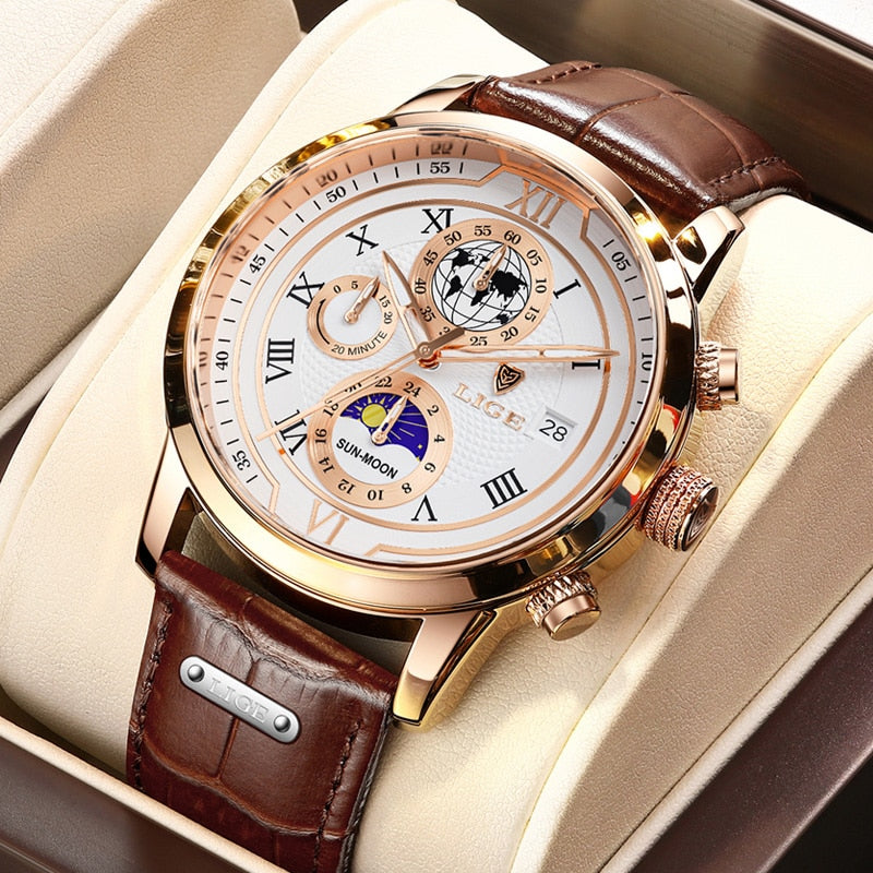 Orologio al quarzo analogico per uomo con cinturino in pelle marrone di alta qualità