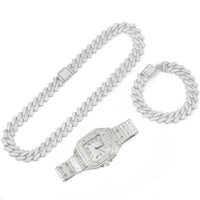Set Orologi Uomo 3 Pezzi – Orologio Quadrato Diamanti + Catena Cubana + Bracciale Elegante