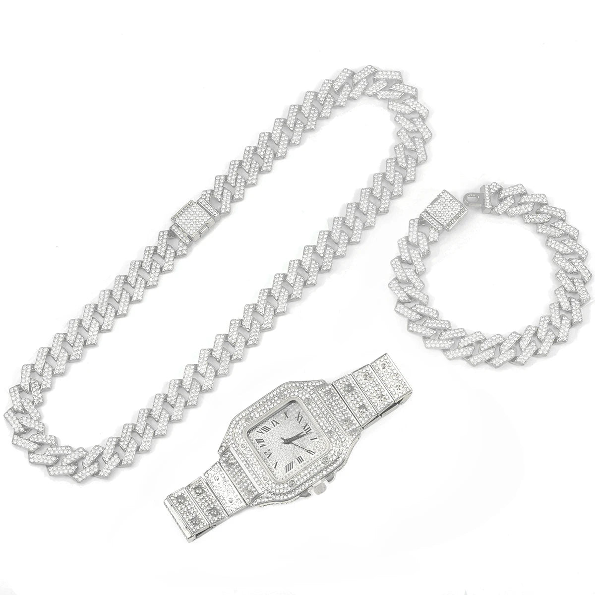 Set Orologi Uomo 3 Pezzi – Orologio Quadrato Diamanti + Catena Cubana + Bracciale Elegante