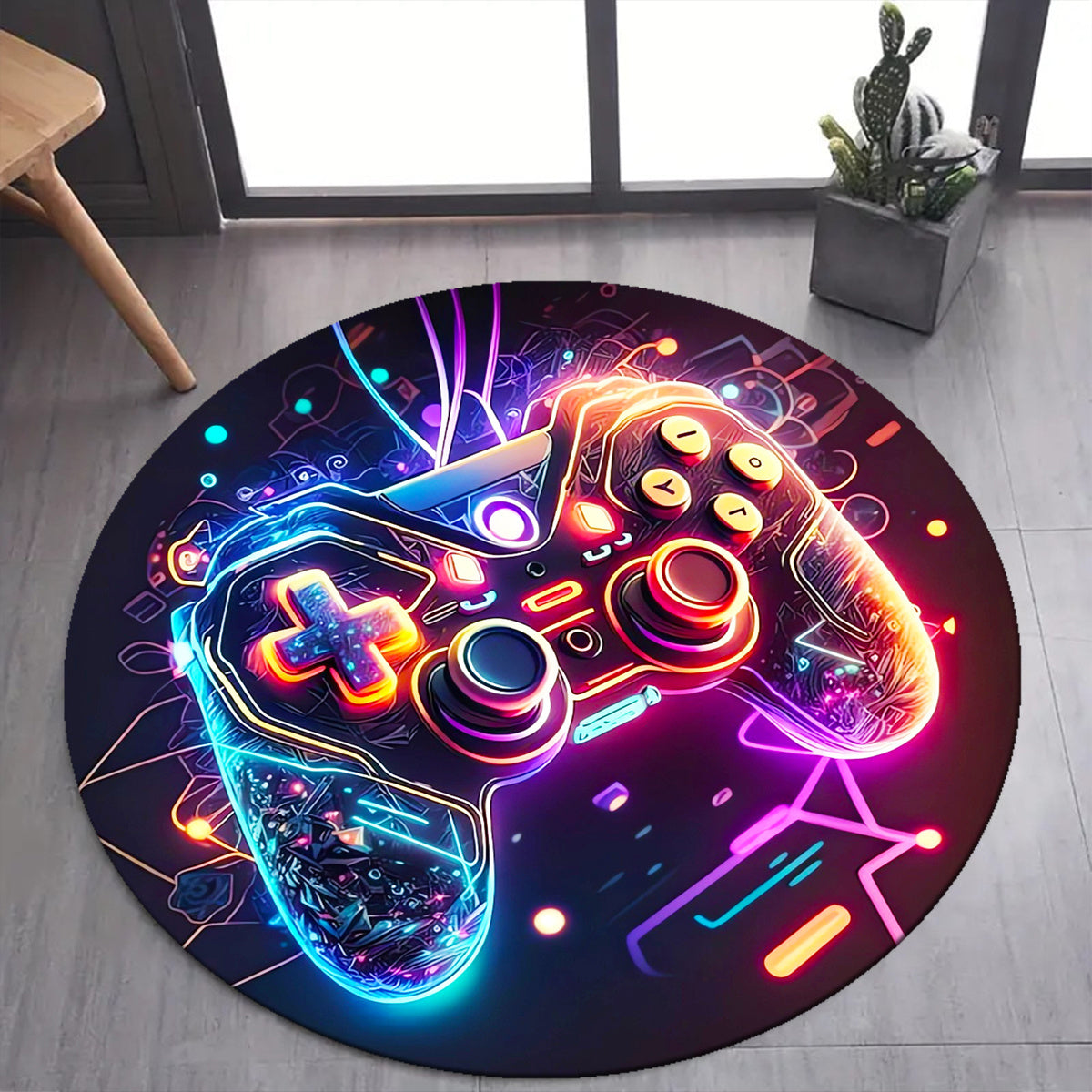 tapis gaming rond dans un salon moderne, lavable