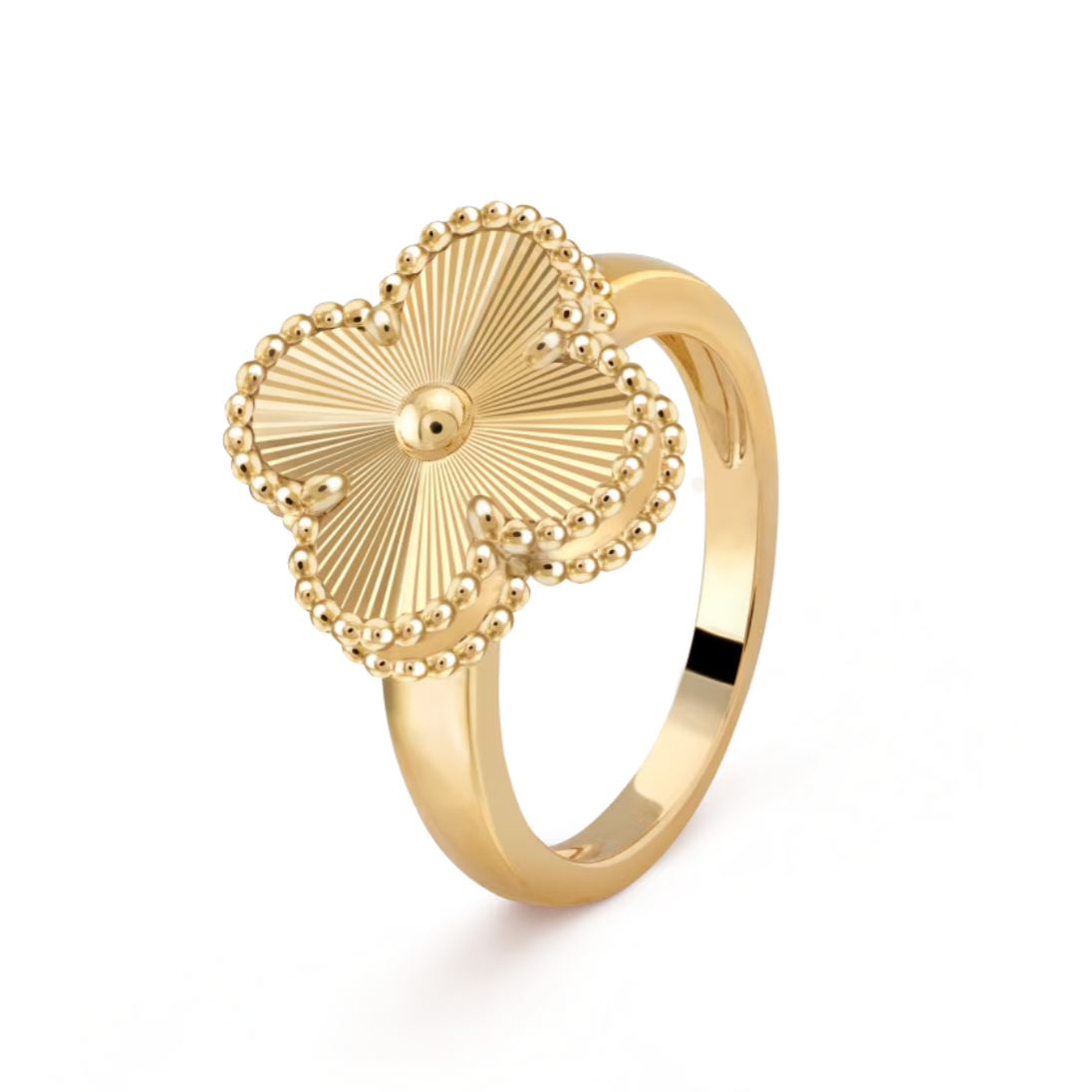 anello quadrifoglio, gioiello quadrifoglio, anello elegante donna, anello argento donna, anello grande. Primo piano di un anello elegante da donna a forma di quadrifoglio, realizzato in argento lucido. Il design raffinato mette in risalto la grandezza del gioiello, perfetto per chi cerca un accessorio distintivo. Lo sfondo neutro valorizza la brillantezza del materiale e la particolare forma a quadrifoglio dell’anello.
