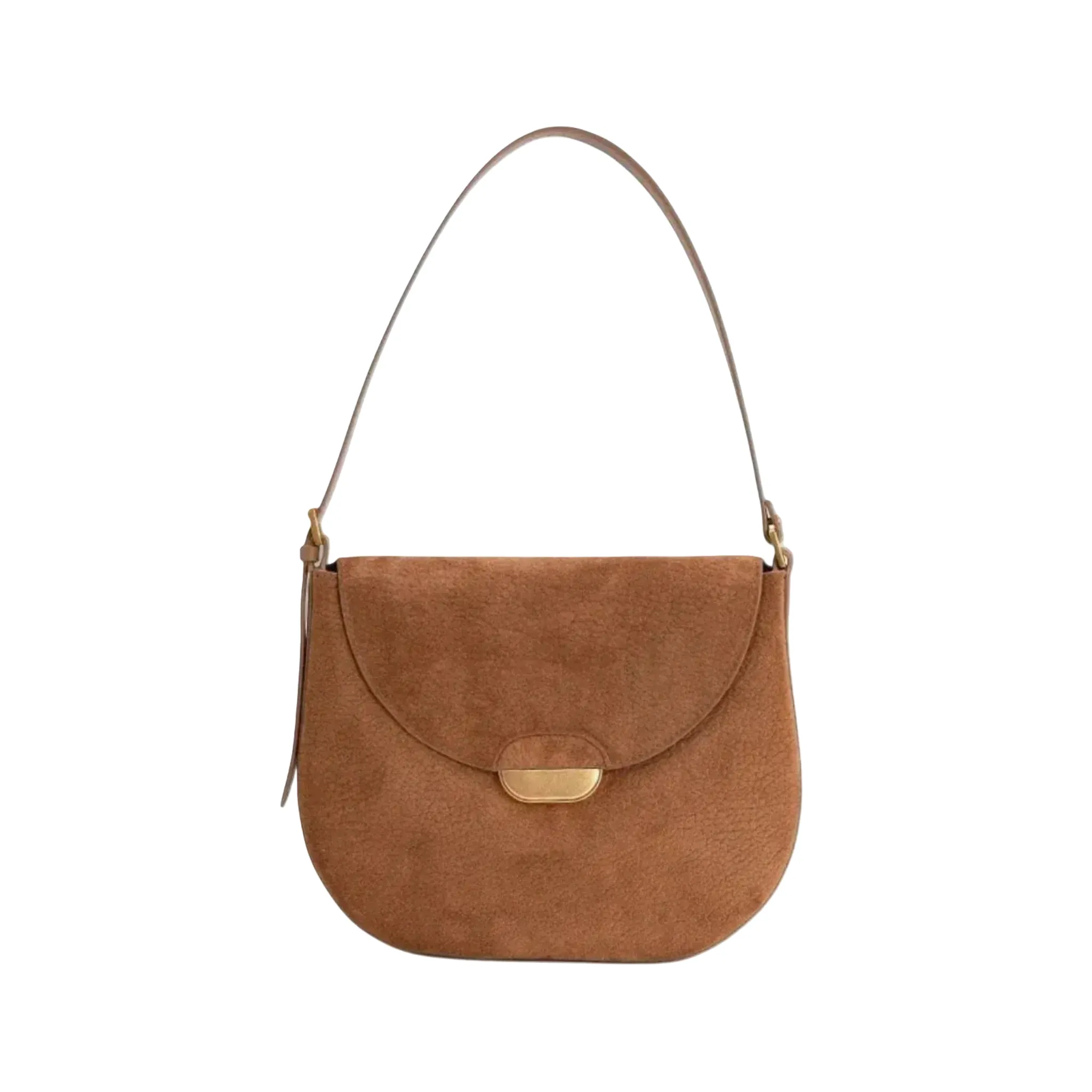 Borsa Hobo Effetto Pelle Scamosciata con Chiusura a Patta Oro