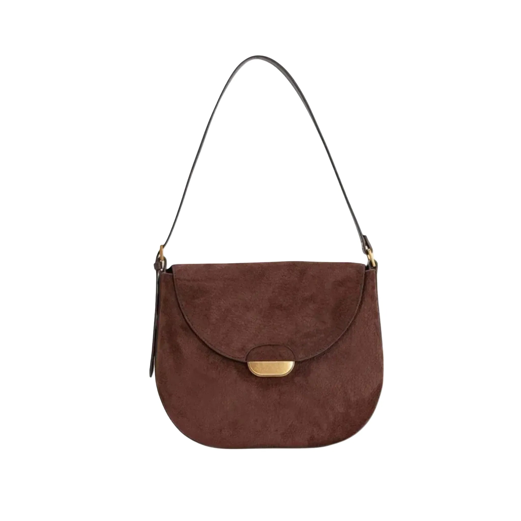 Borsa Hobo Effetto Pelle Scamosciata con Chiusura a Patta Oro