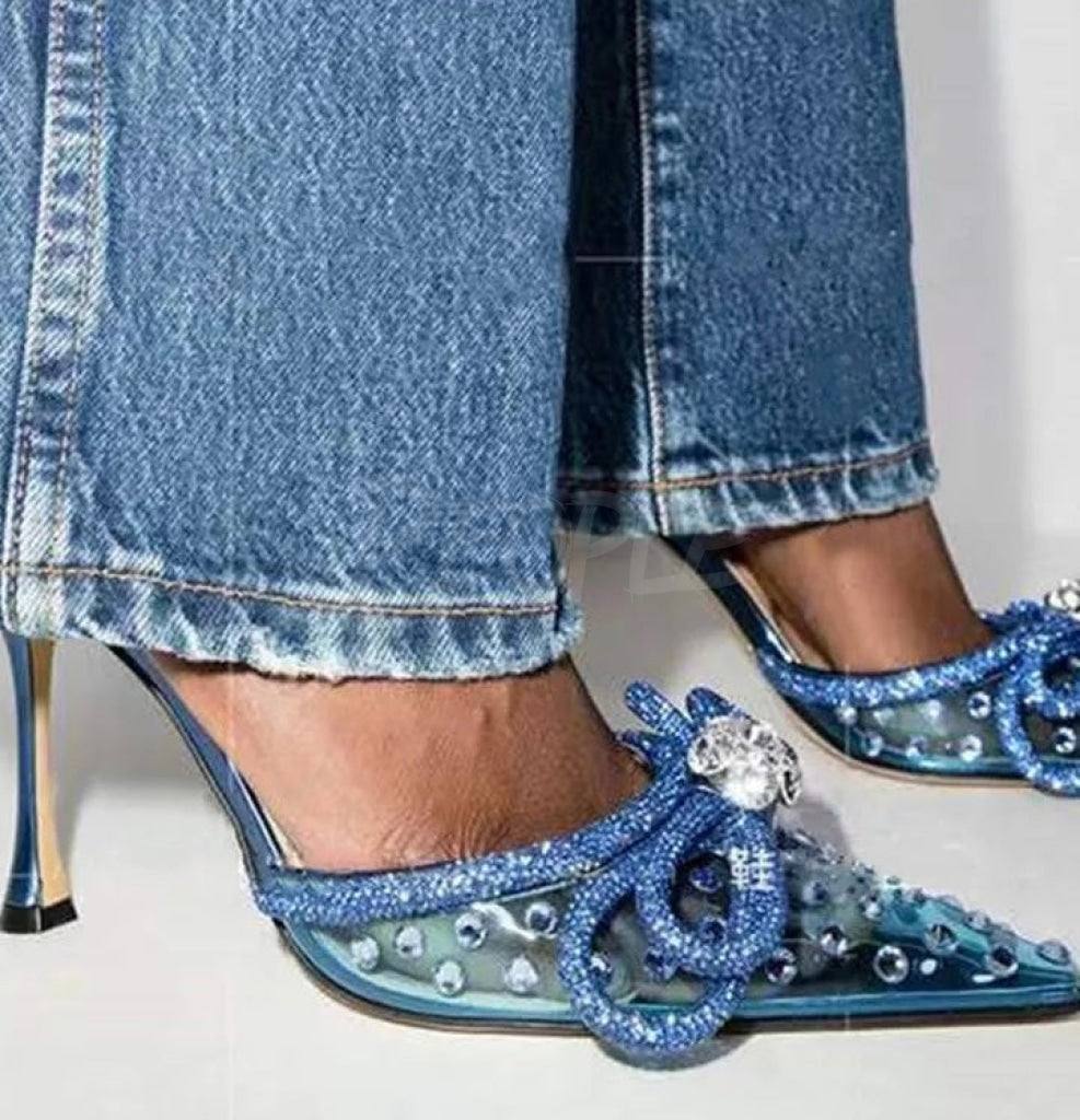 Tacchi trasparenti con strass e fiocco glitter