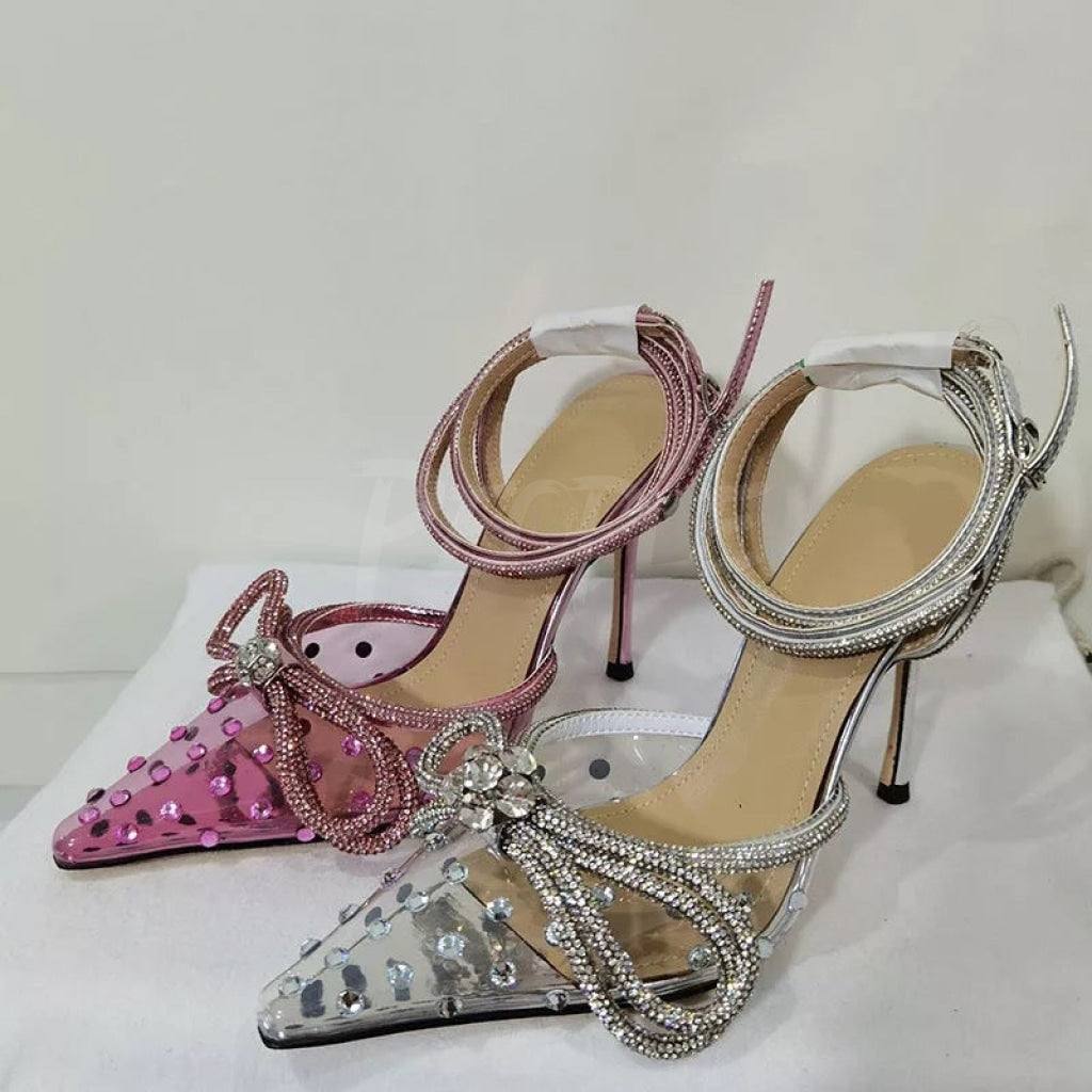 Tacchi trasparenti con strass e fiocco glitter