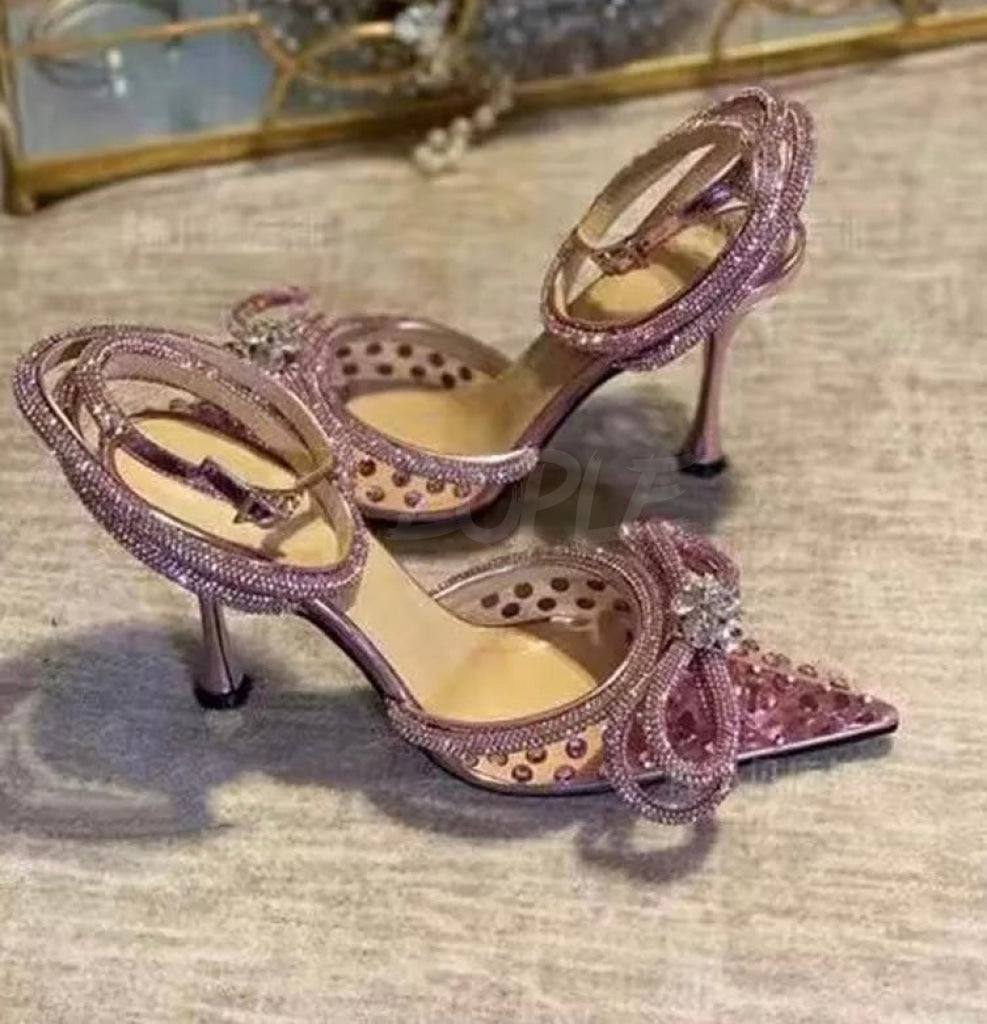 Tacchi trasparenti con strass e fiocco glitter